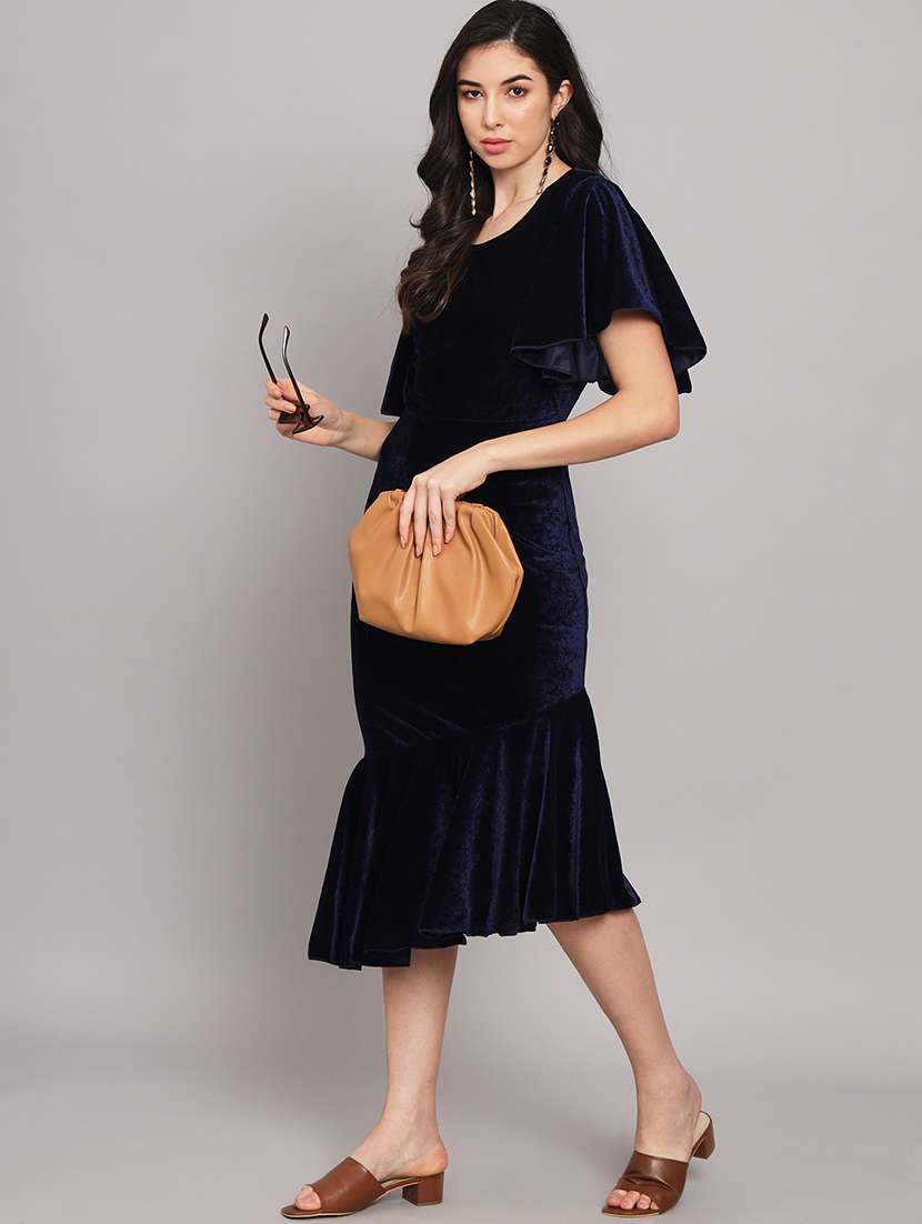 women solid flared sleeve velvet tiered dress - 21997839 - Standard Image - 2