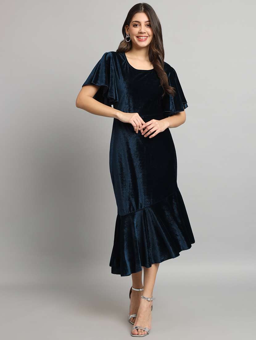 women solid flared sleeve velvet tiered dress - 21997840 - Standard Image - 2