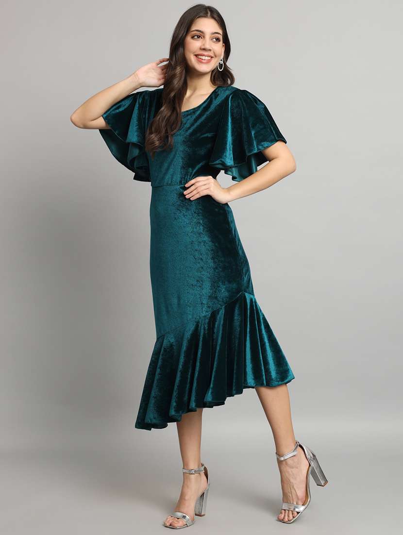 women solid flared sleeve velvet tiered dress - 21997841 -  Standard Image - 2