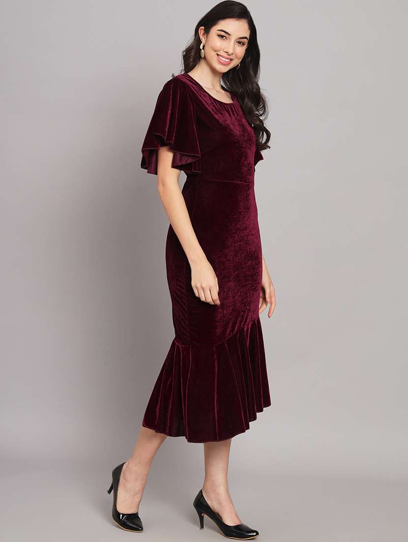 women solid flared sleeve velvet tiered dress - 21997842 - Standard Image - 2