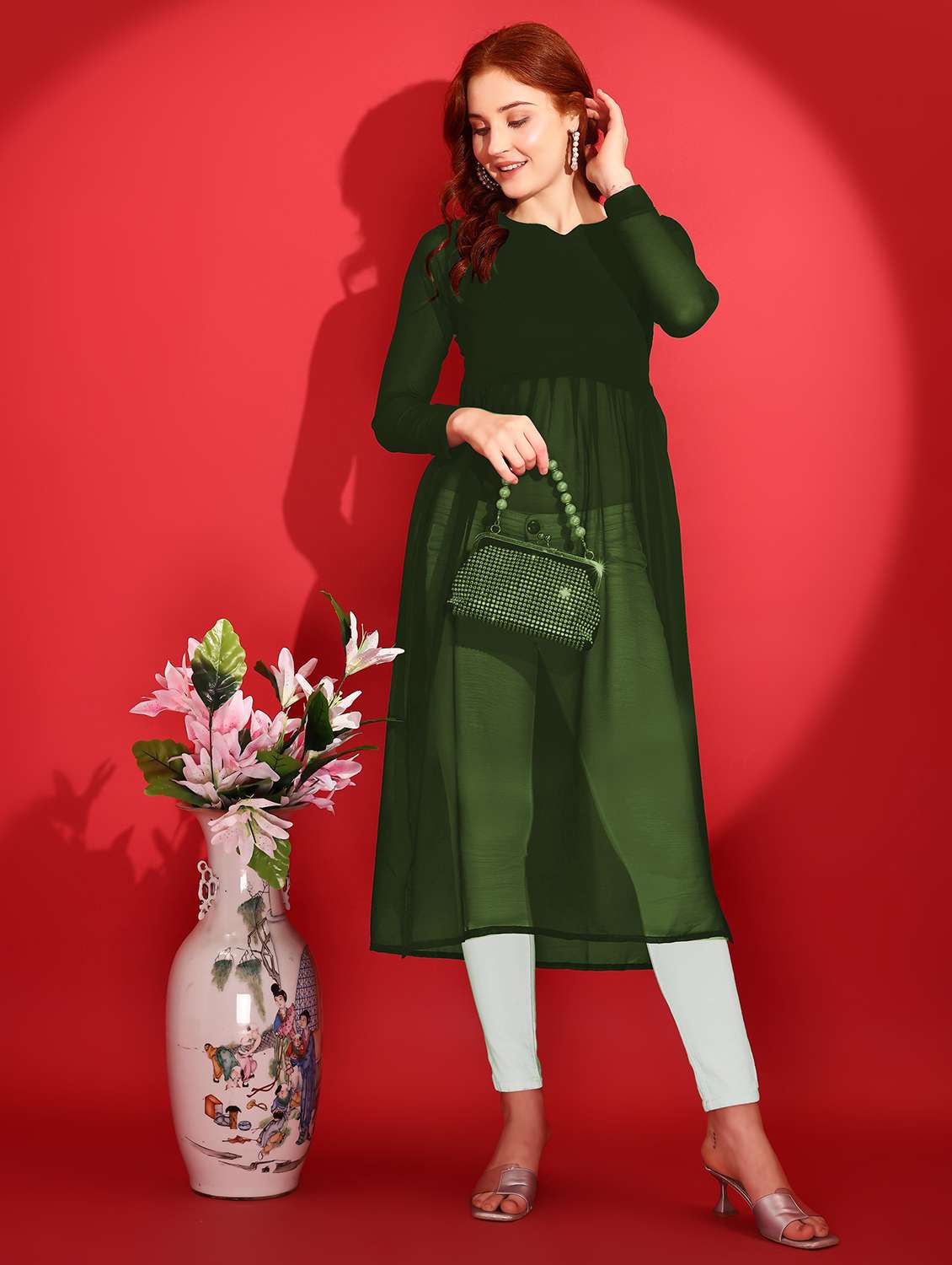 women solid long sleeve a-line kurta