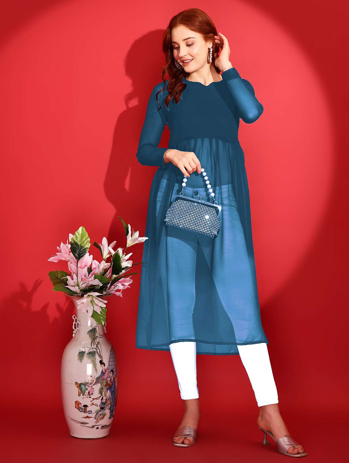 women solid long sleeve a-line kurta