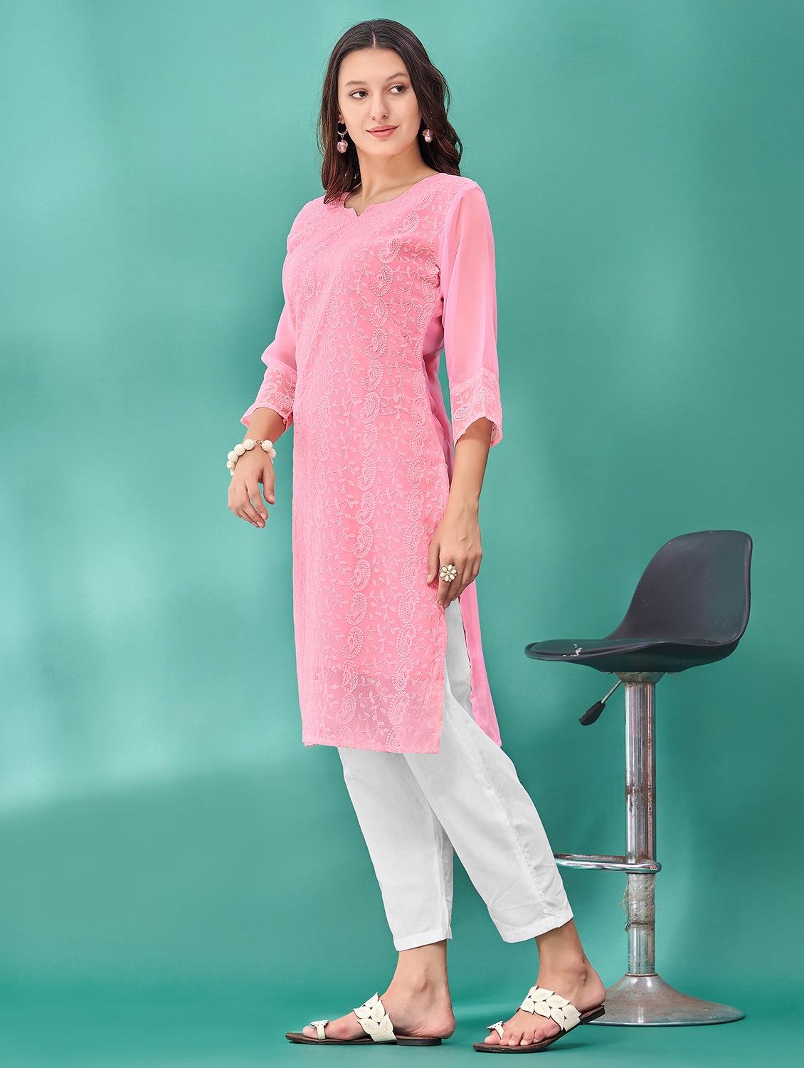 women solid with work three quarter sleeve straight kurta - 21997851 - Standard Image - 2
