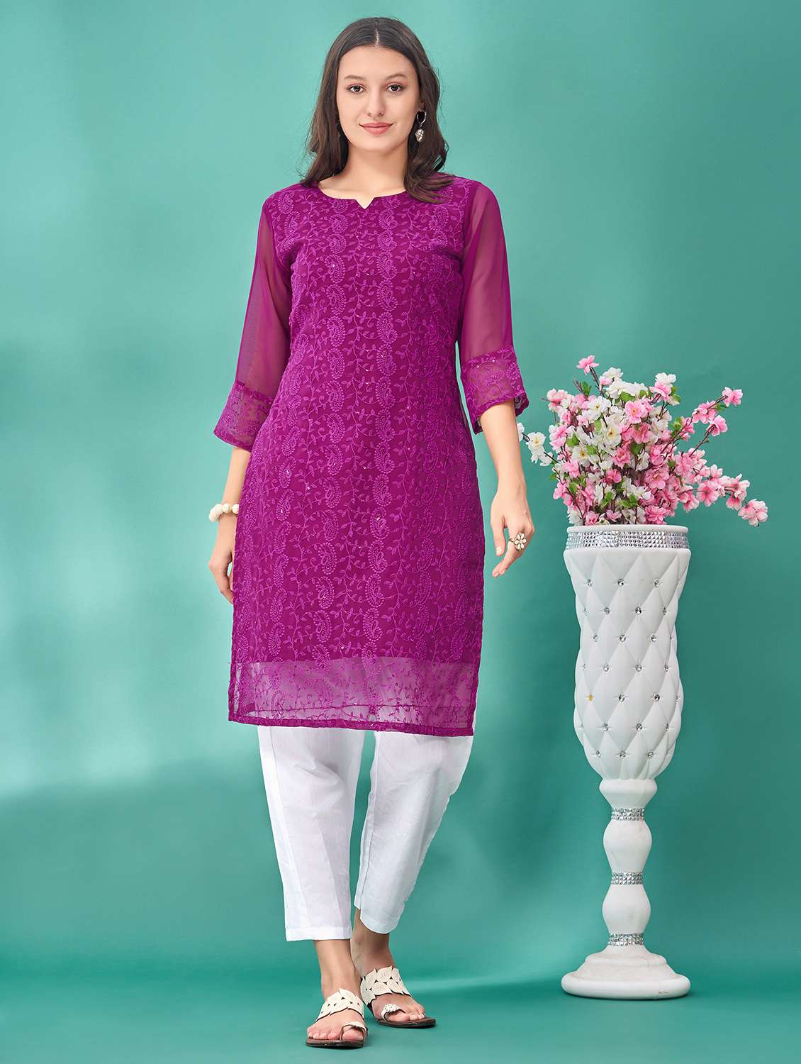 women solid with work three quarter sleeve straight kurta - 21997852 - Standard Image - 2