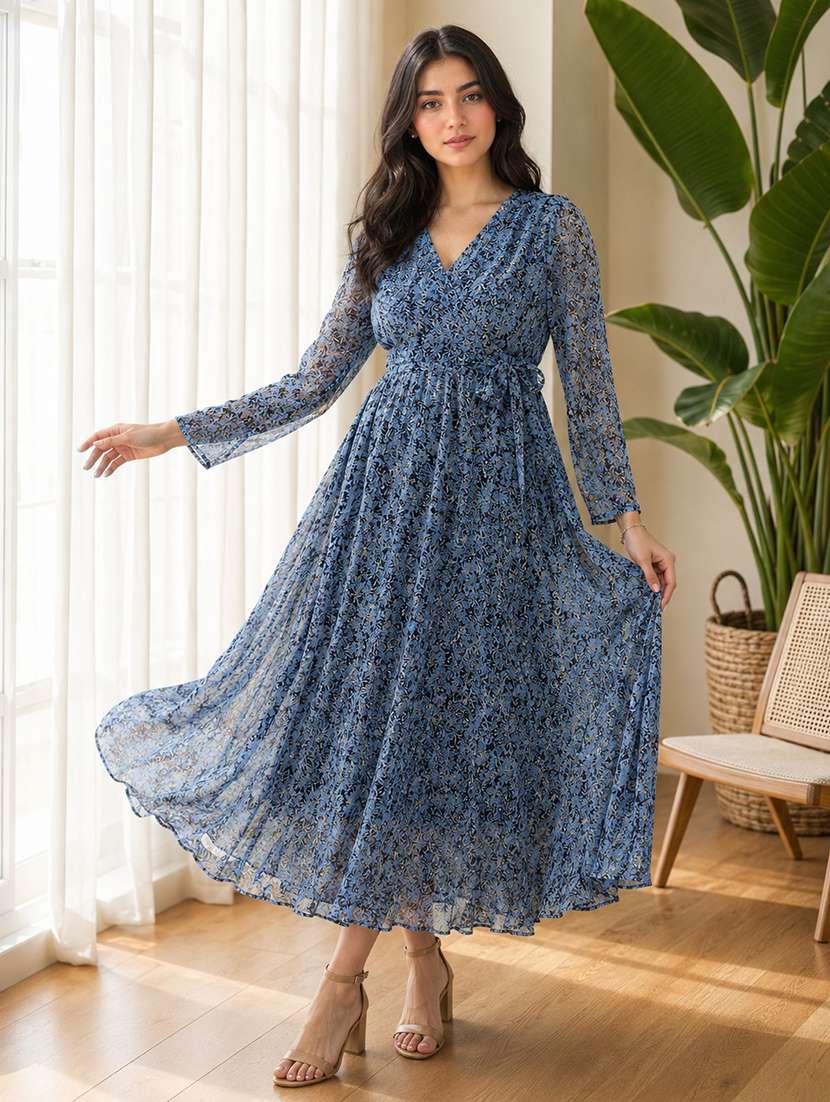 women printed long sleeve fit & flare maxi dress
