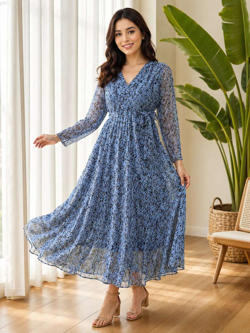 women printed long sleeve fit & flare maxi dress - 21997855 -  Standard Image - 2