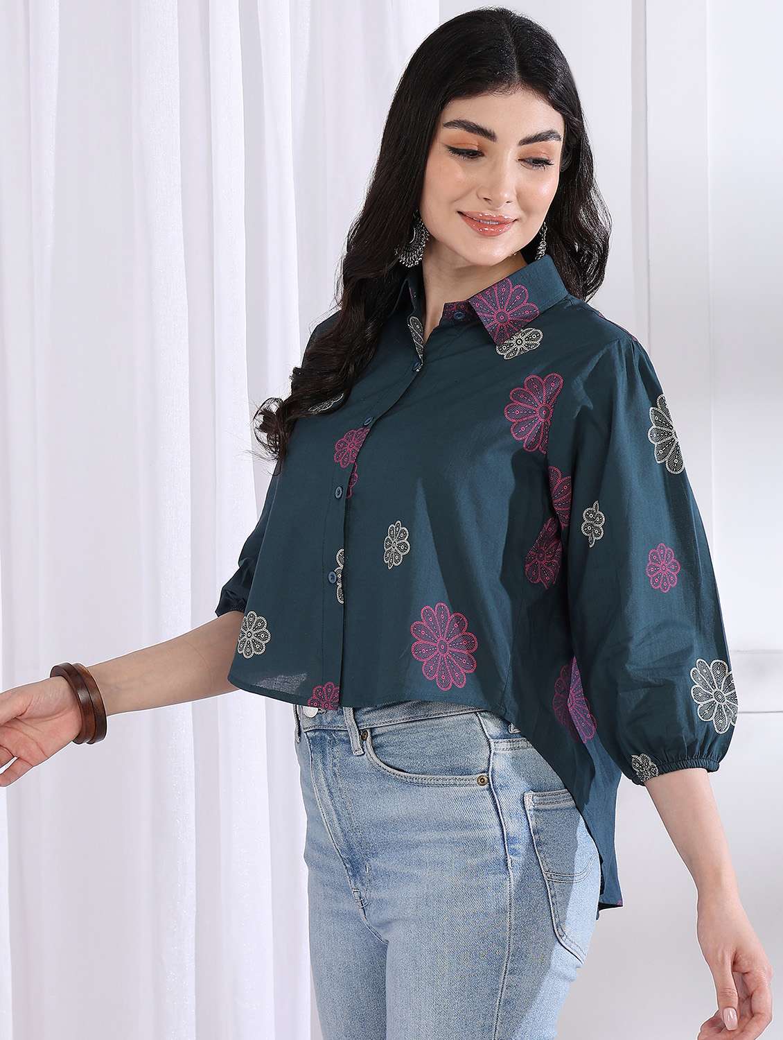 women printed puff sleeve collared high low top - 21997882 -  Standard Image - 2