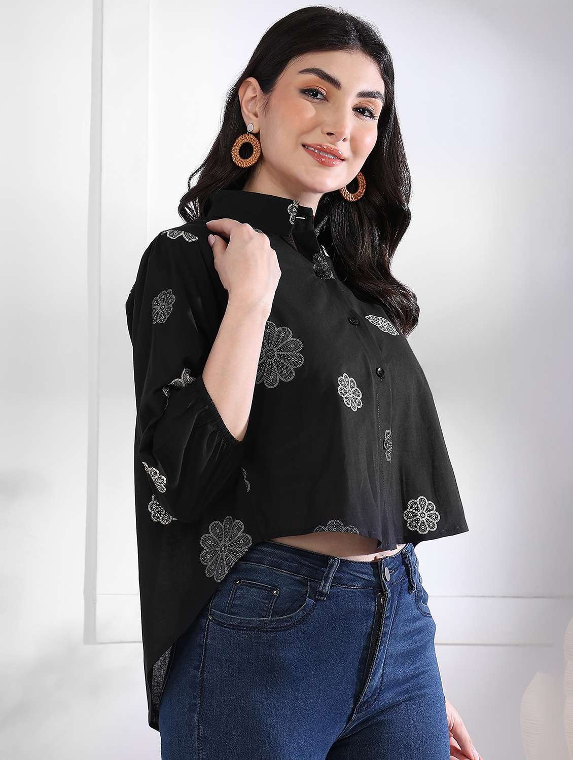 women printed puff sleeve collared high low top - 21997883 -  Standard Image - 2