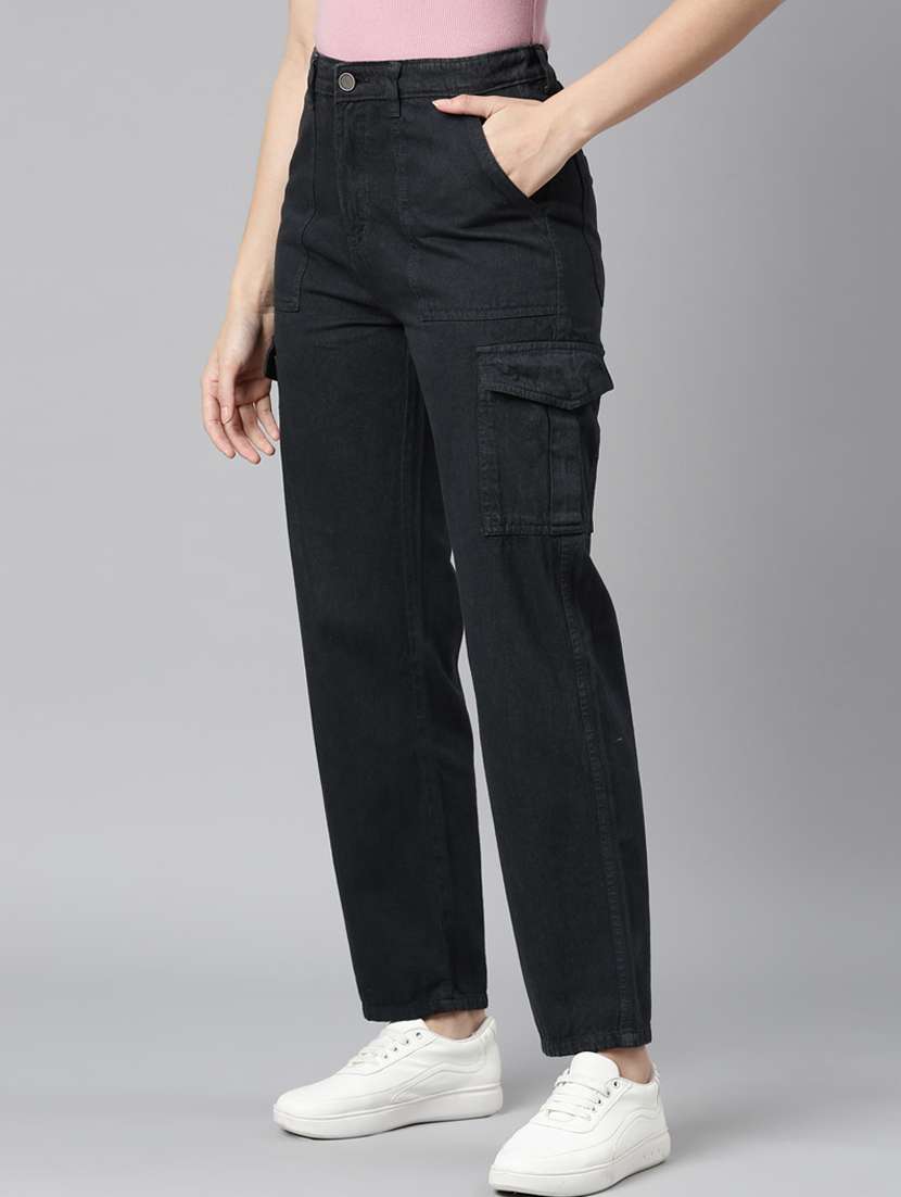 women solid high rise denim cargo