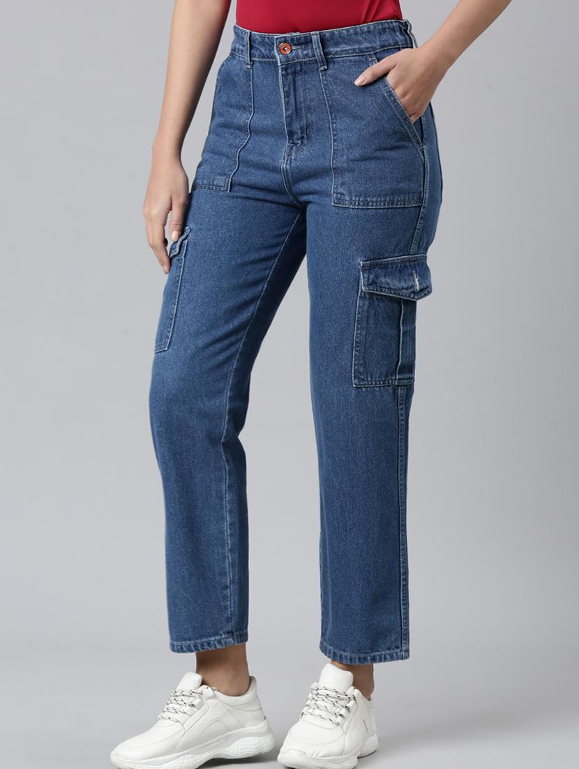 women solid mid rise denim cargo - 21997888 - Standard Image - 2
