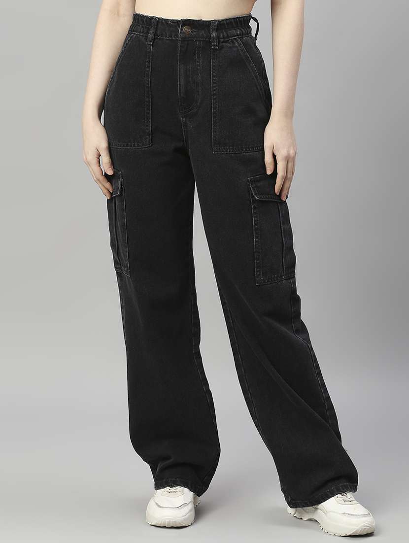 women solid high rise relaxed fit cargo