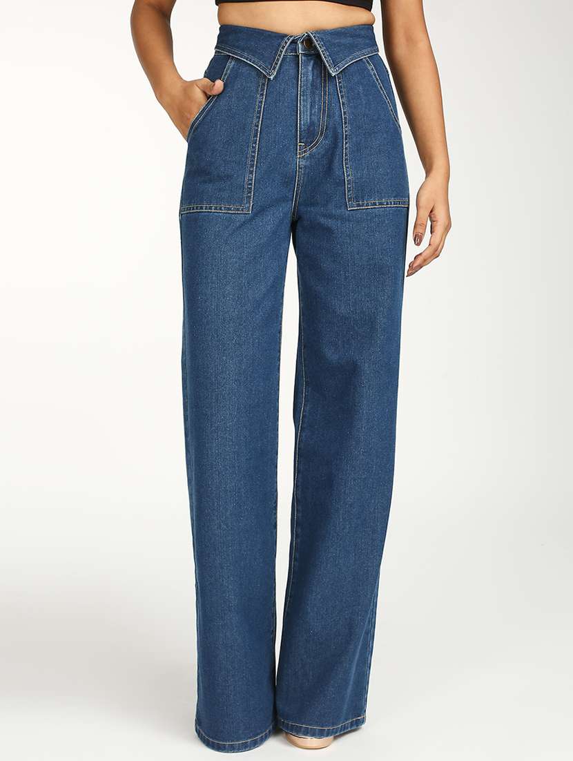 women solid high rise wide leg jean