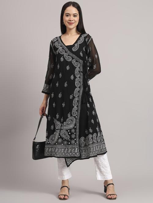 women solid with work long sleeve angrakha chikankari kurta - 21997964 -  Standard Image - 0