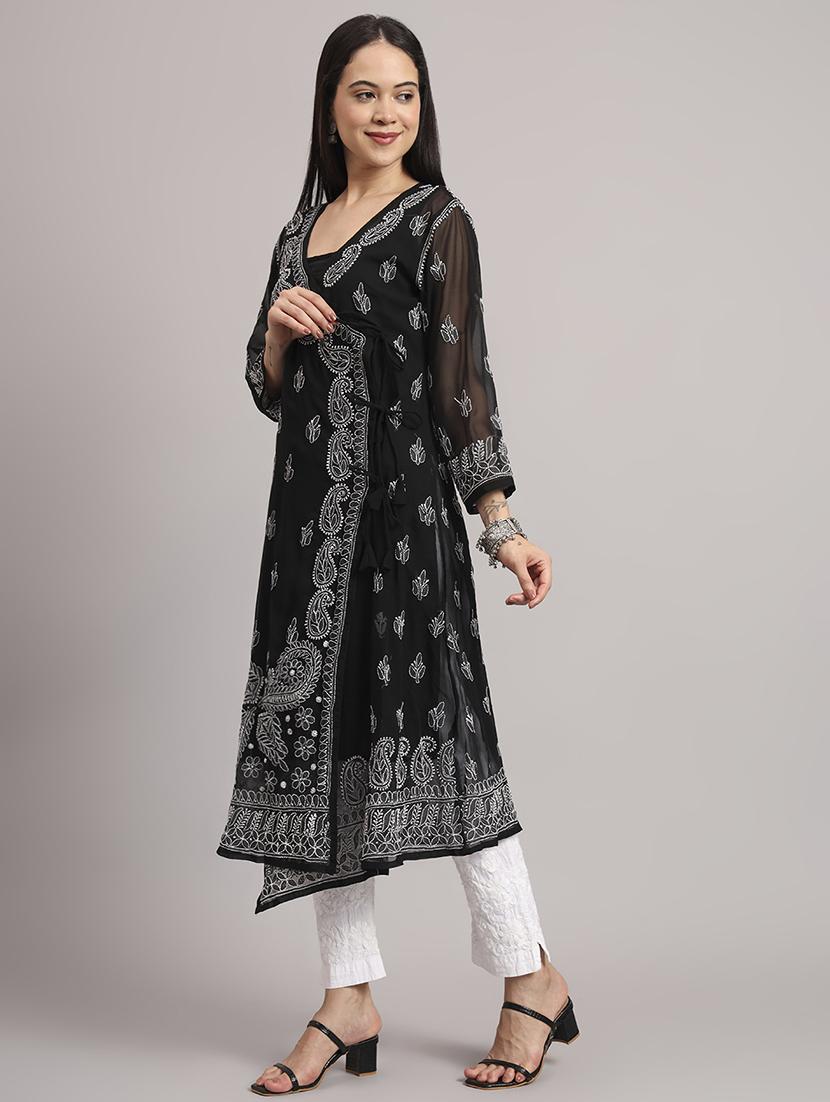 women solid with work long sleeve angrakha chikankari kurta - 21997964 - Standard Image - 2