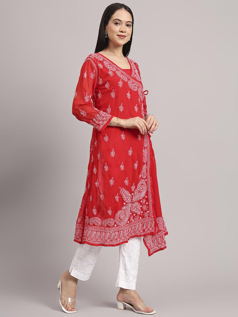 women solid with work long sleeve angrakha chikankari kurta - 21997965 - Standard Image - 2