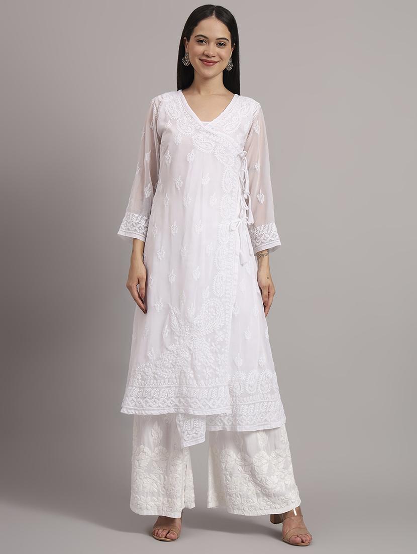 women solid with work long sleeve angrakha chikankari kurta - 21997966 -  Zoom Image - 0