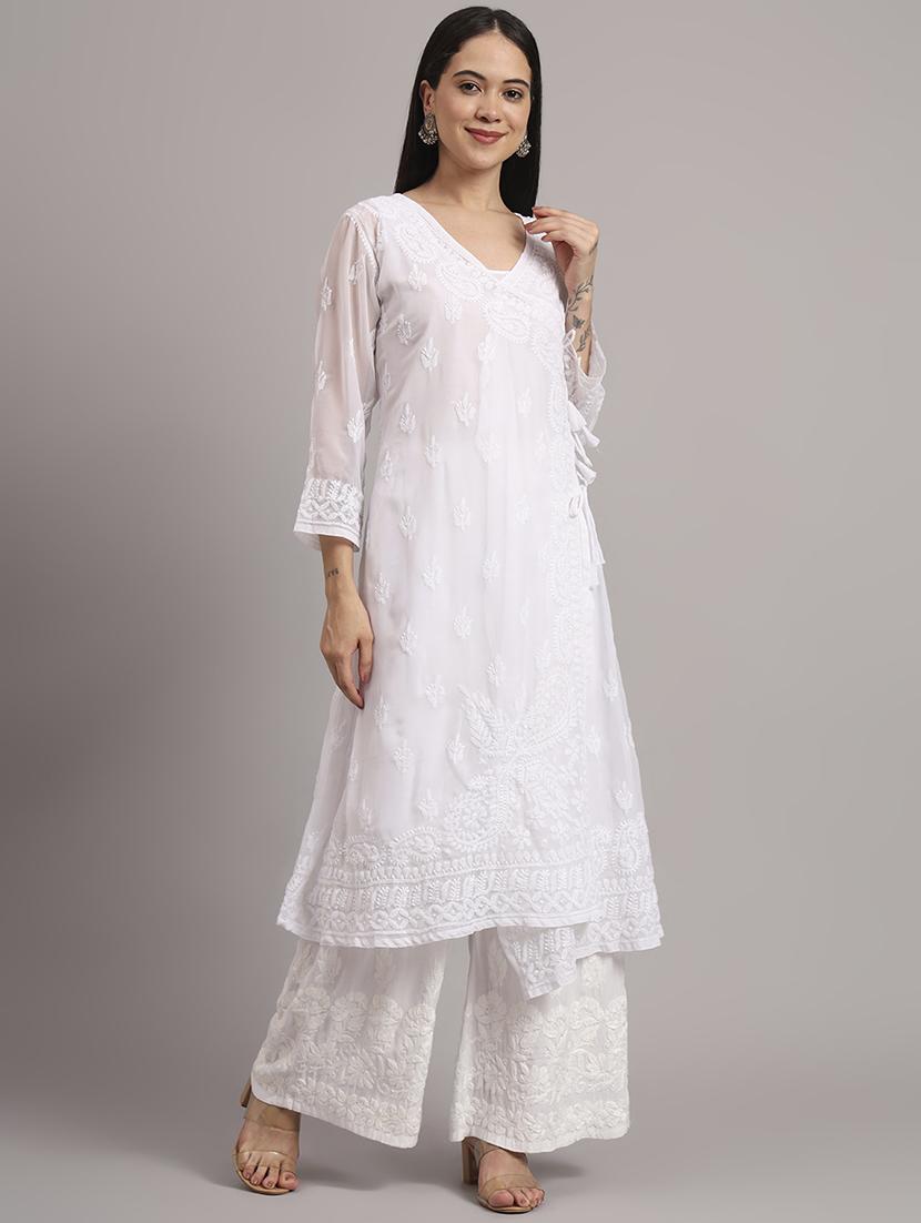 women solid with work long sleeve angrakha chikankari kurta - 21997966 - Standard Image - 2
