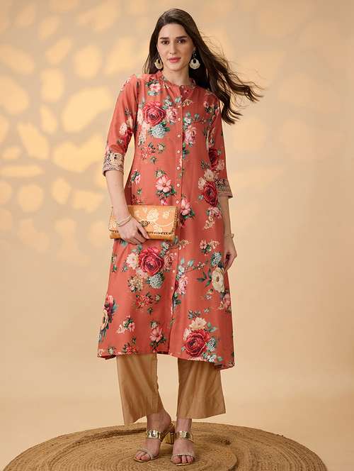 globus women orange mandarin collar embroidered hem sleeves floral print button down a-line festive kurta - 21997967 - Standard Image - 0