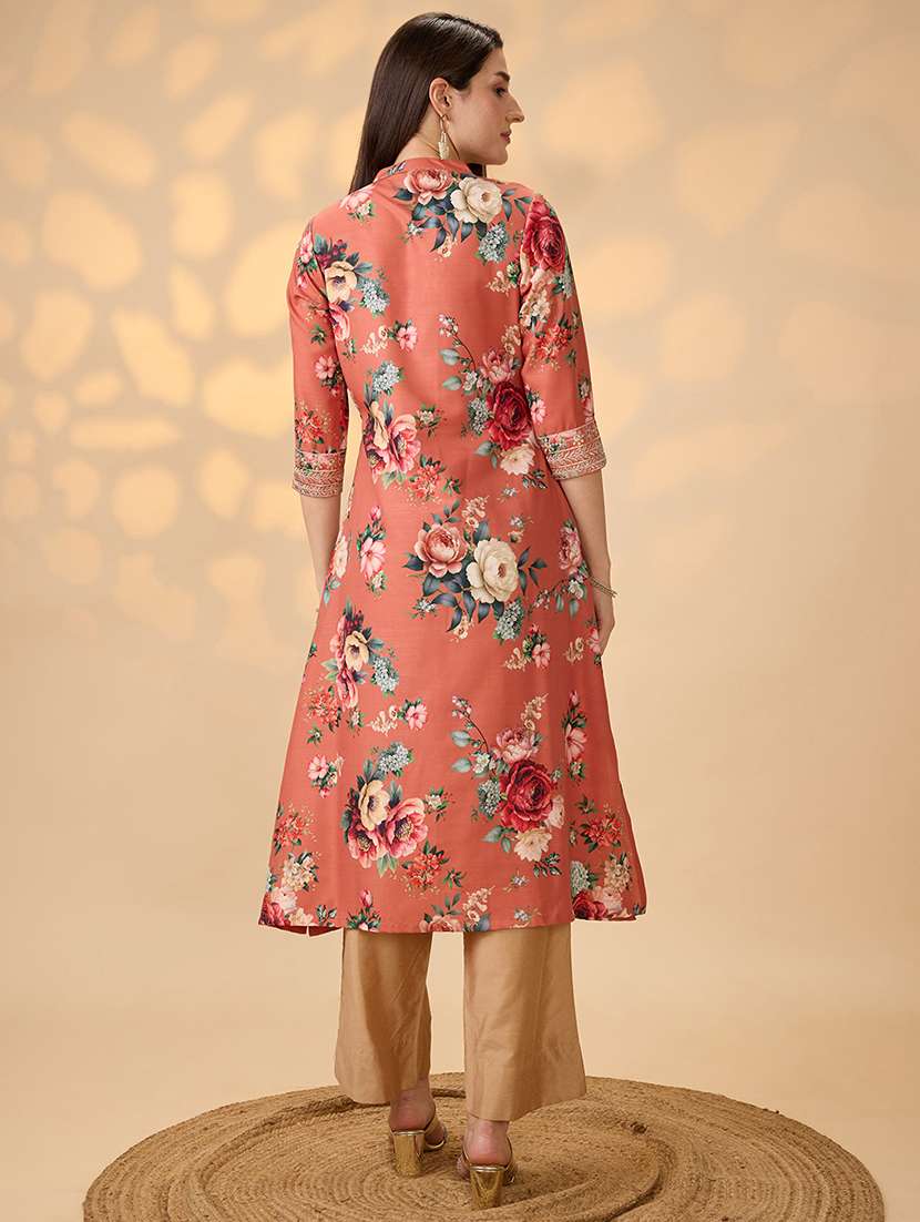 globus women orange mandarin collar embroidered hem sleeves floral print button down a-line festive kurta - 21997967 - Standard Image - 2