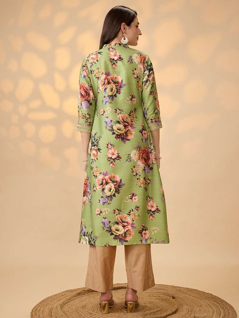 globus women green mandarin collar embroidered hem sleeves floral print button down a-line festive kurta - 21997968 - Standard Image - 2