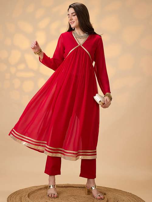 globus women red v-neck gathered gotta patti detail flared a-line alia cut kurta with pants festive set - 21997975 -  Standard Image - 0