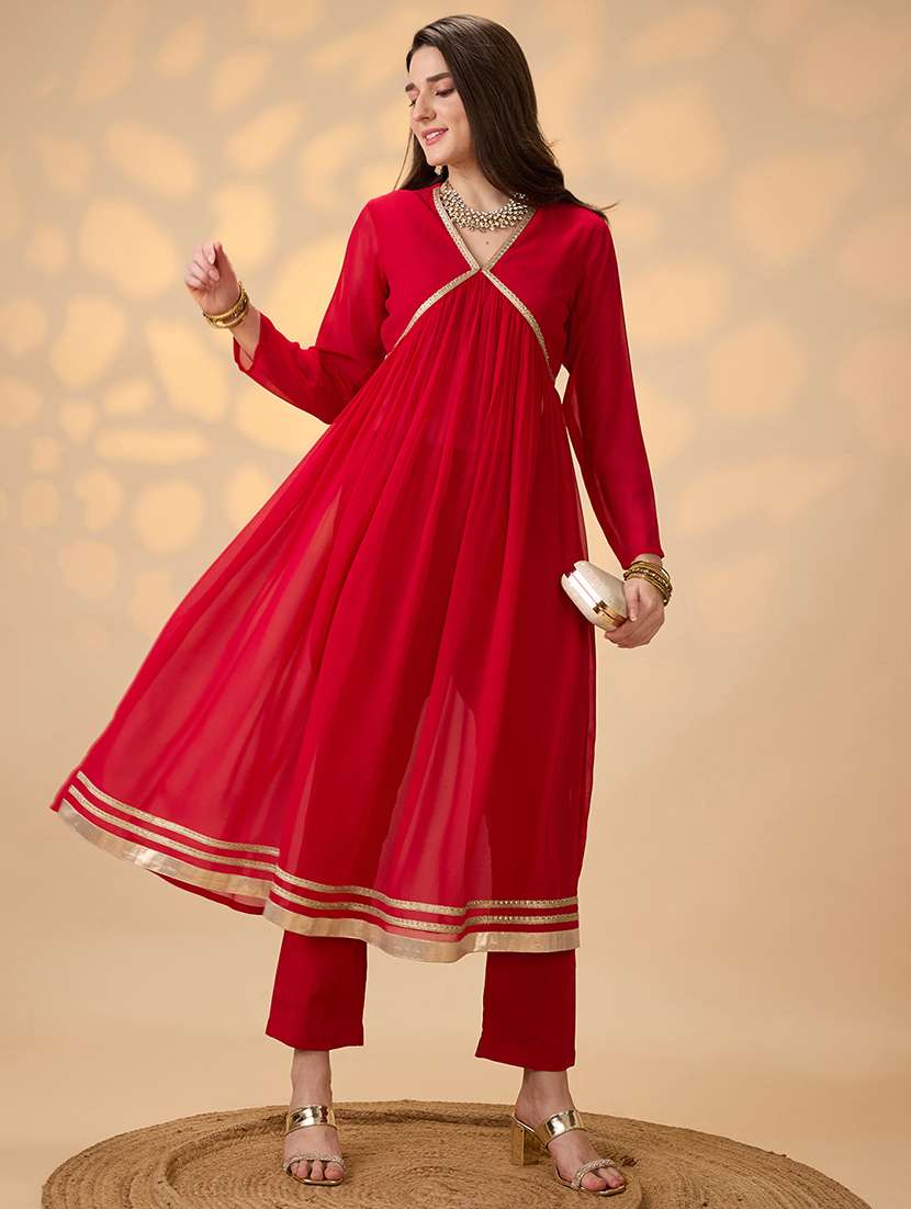 globus women red v-neck gathered gotta patti detail flared a-line alia cut kurta with pants festive set