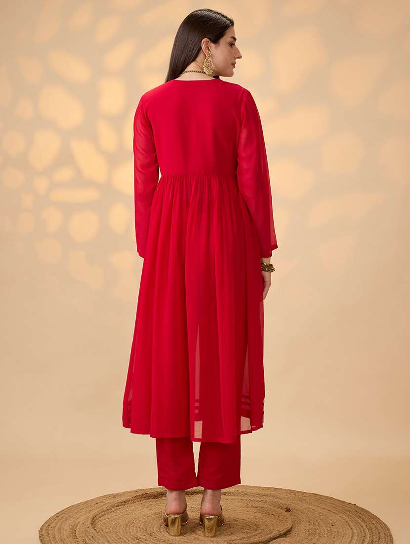 globus women red v-neck gathered gotta patti detail flared a-line alia cut kurta with pants festive set - 21997975 -  Standard Image - 2