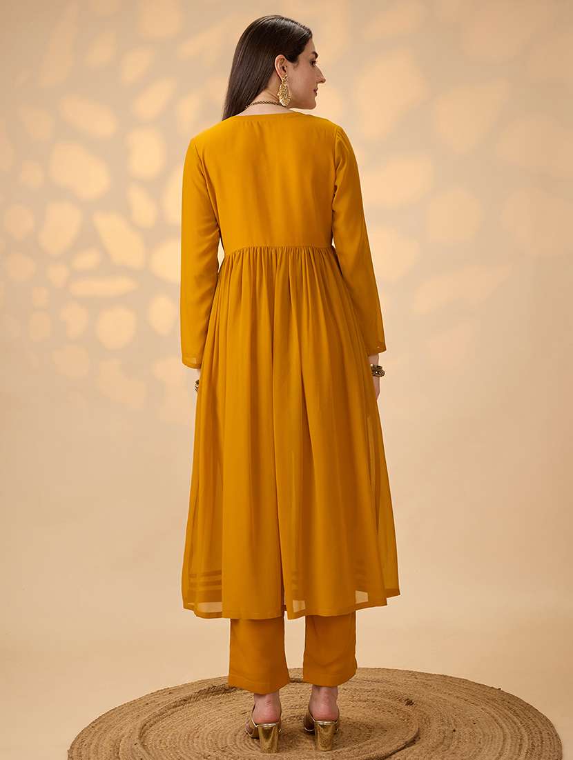 globus women mustard v-neck gathered gotta patti detail flared a-line alia cut kurta with pants festive set - 21997976 -  Standard Image - 2