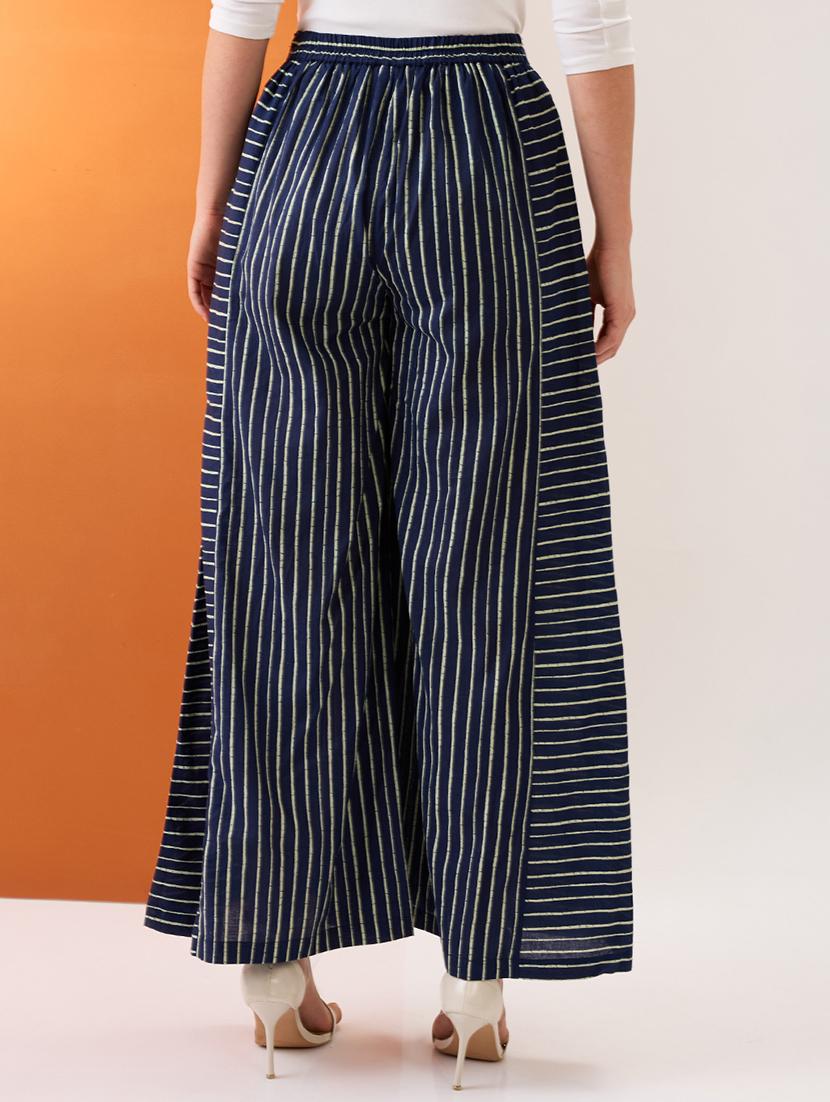 globus women indigo variegated stripes button detail mid-rise flared fusion palazzos - 21997980 - Standard Image - 2