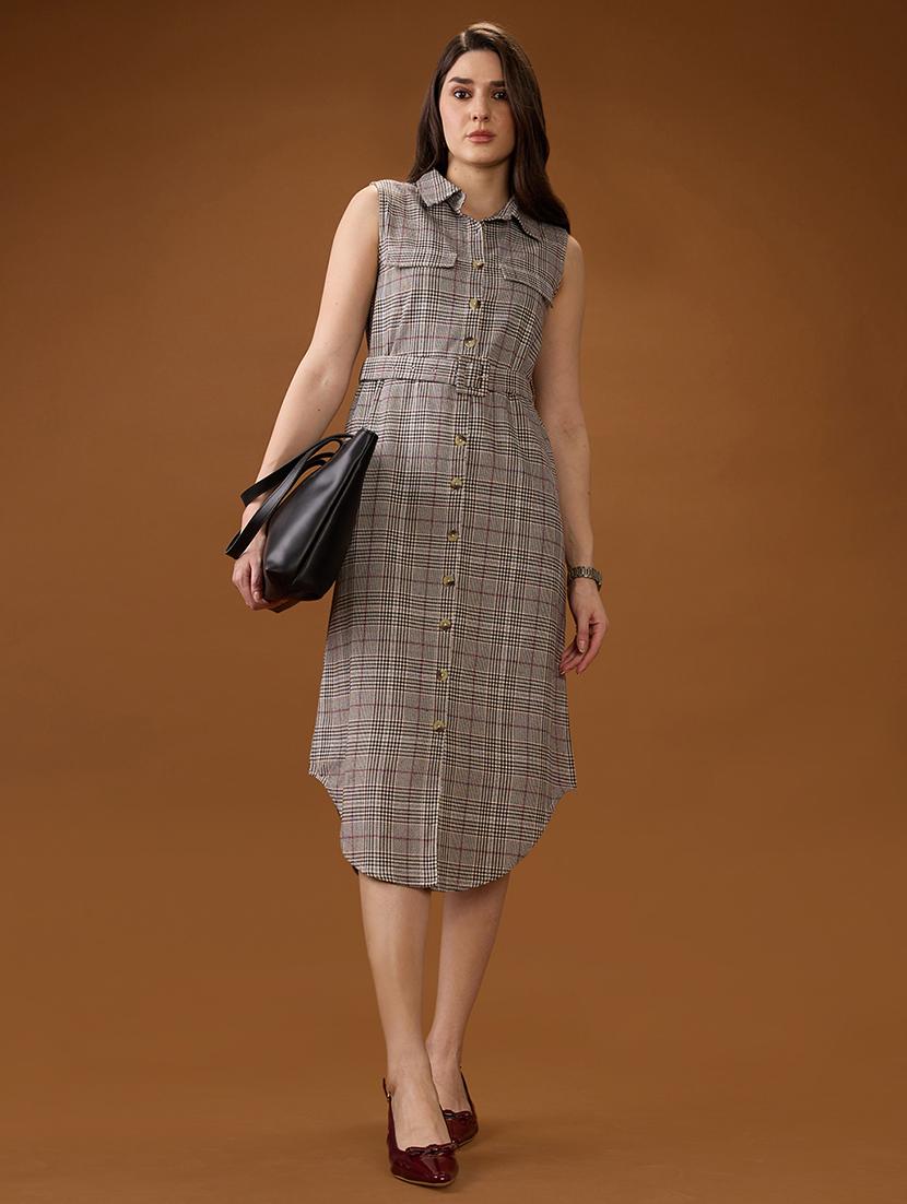 globus women brown collared neck sleeveless checkered curved hem midi shirt style dress with belt - 21997981 - Zoom Image - 0