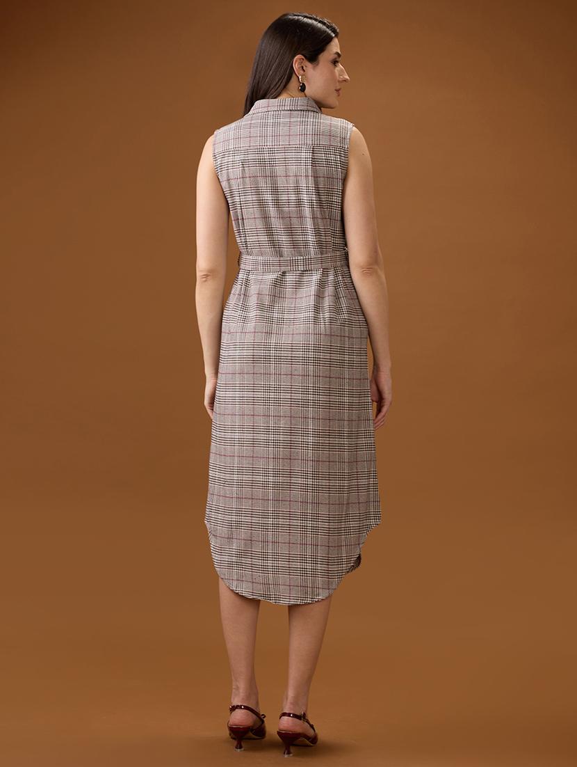 globus women brown collared neck sleeveless checkered curved hem midi shirt style dress with belt - 21997981 - Standard Image - 2