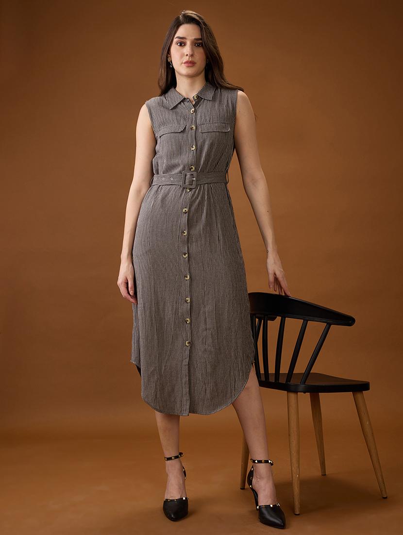 globus women black collared neck sleeveless checkered curved hem midi shirt style dress with belt - 21997982 - Standard Image - 2