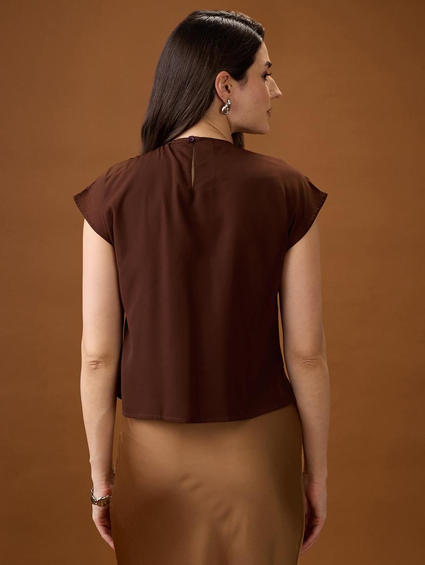 globus women brown round neck extended sleeve solid bow detail top - 21997988 - Standard Image - 2