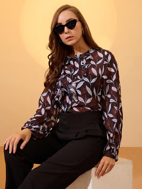 globus women black mandarin collar long sleeves floral print ruffles detail georgette shirt style top - 21997989 - Standard Image - 0