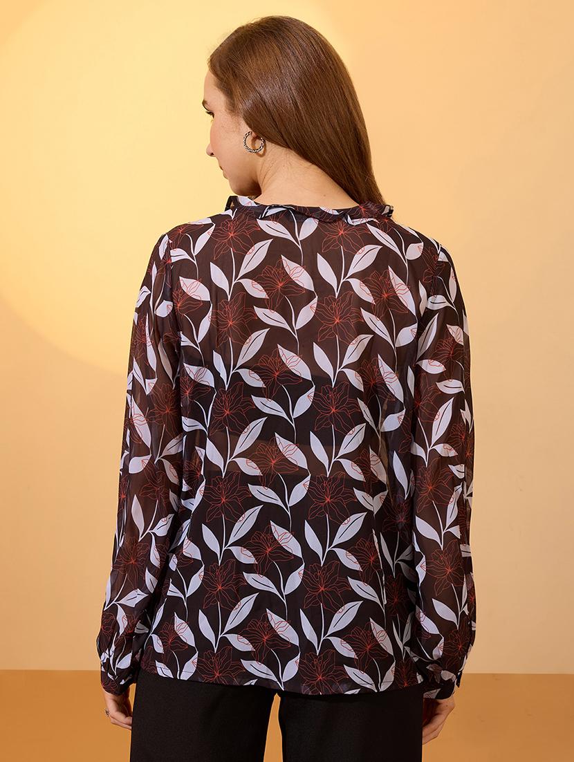 globus women black mandarin collar long sleeves floral print ruffles detail georgette shirt style top - 21997989 - Standard Image - 2