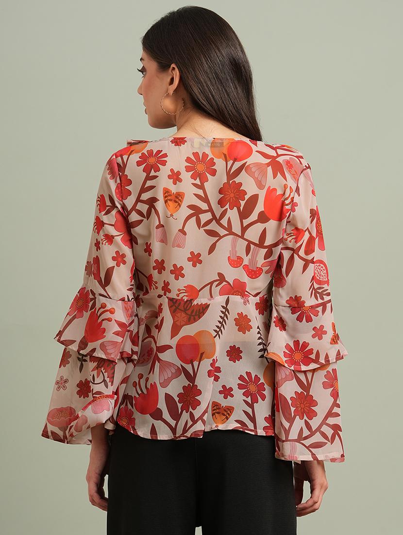 globus women red v-neck bell sleeves floral print ruffle detail georgette peplum top - 21997991 - Standard Image - 2