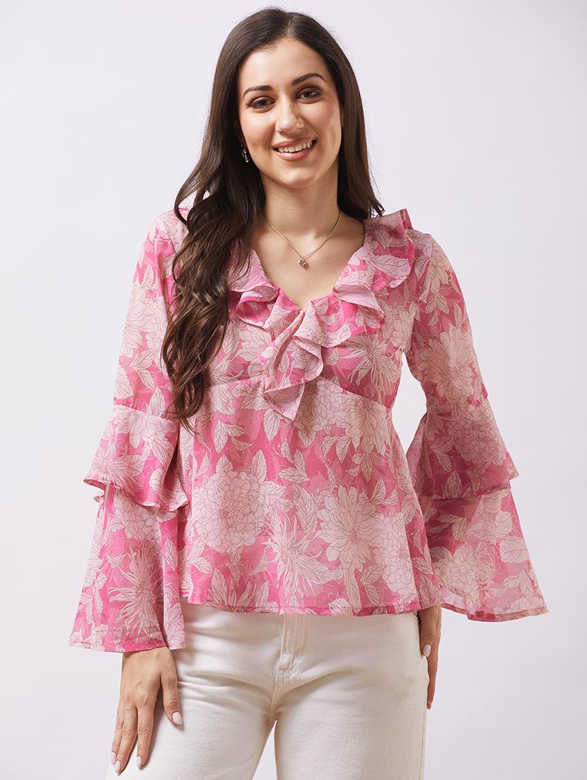 globus women pink v-neck flared sleeves floral print ruffle detail georgette a-line top - 21997992 - Zoom Image - 0
