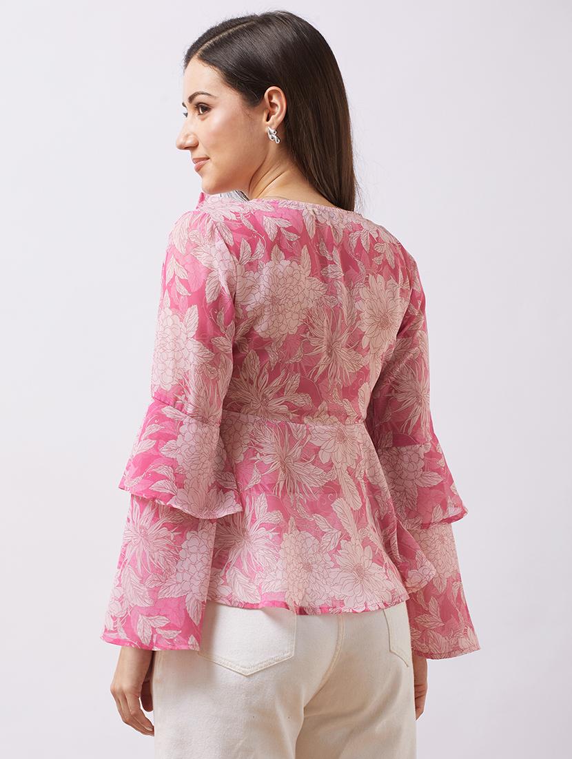 globus women pink v-neck flared sleeves floral print ruffle detail georgette a-line top - 21997992 - Standard Image - 2