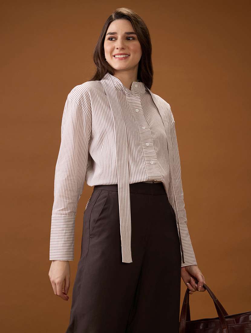 globus women brown mandarin collar cuffed sleeves striped tie detail high-low hem workwear shirt