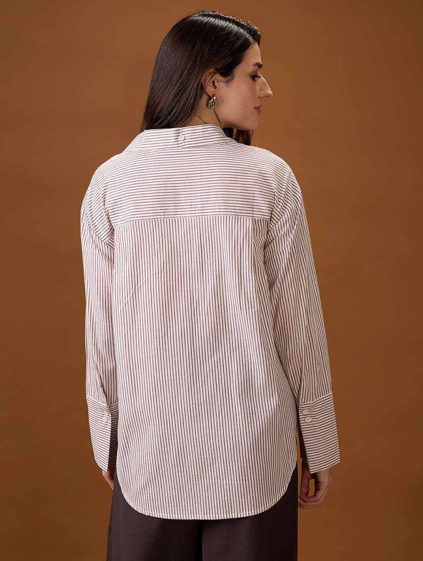 globus women brown mandarin collar cuffed sleeves striped tie detail high-low hem workwear shirt - 21997993 -  Standard Image - 2