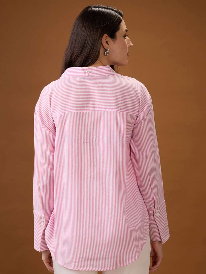 globus women pink mandarin collar cuffed sleeves striped tie detail high-low hem workwear shirt - 21997994 -  Standard Image - 2