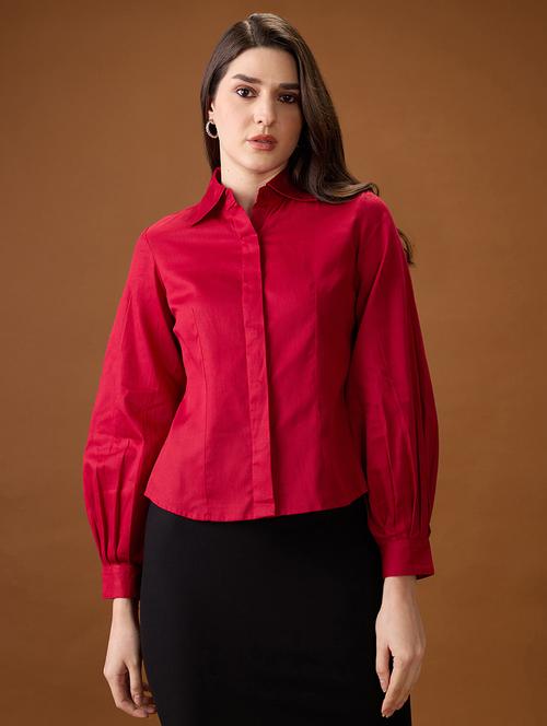 globus women maroon collared neck pleated cuffed sleeves solid curved hem workwear shirt - 21997995 -  Standard Image - 0