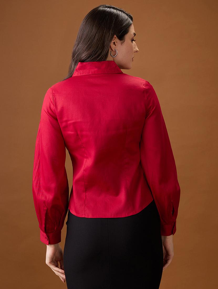 globus women maroon collared neck pleated cuffed sleeves solid curved hem workwear shirt - 21997995 - Standard Image - 2
