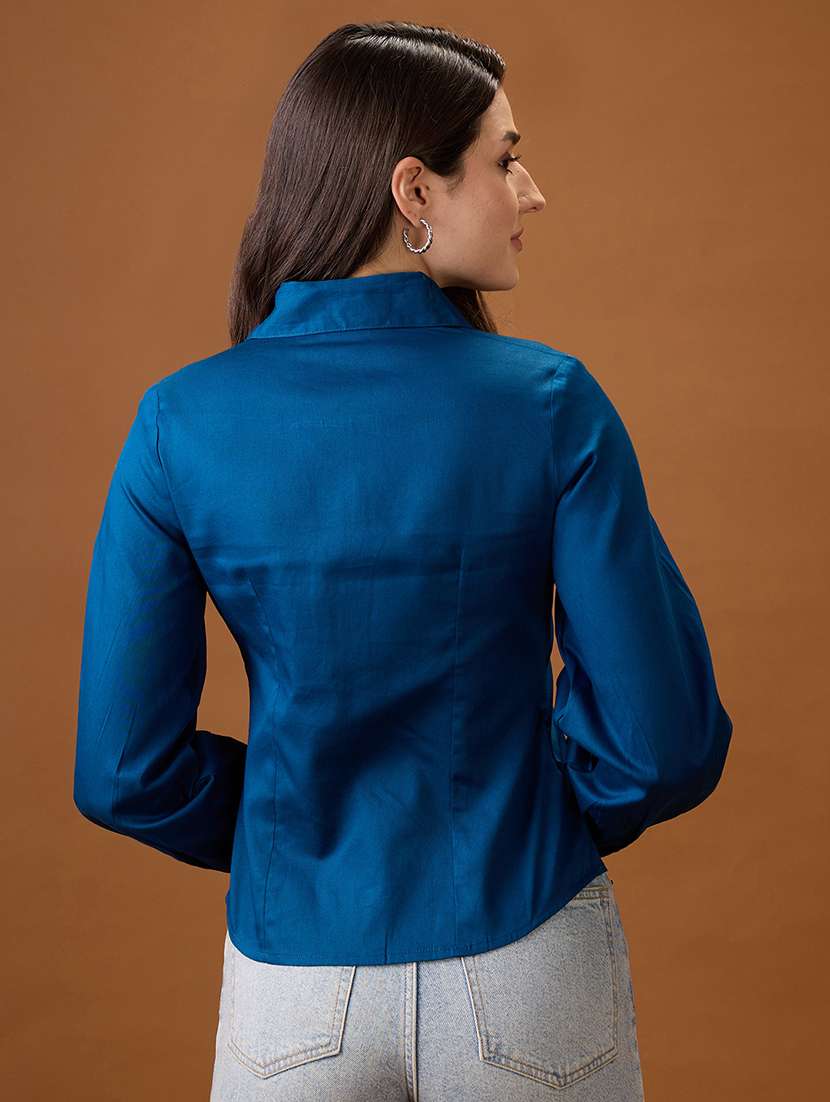 globus women navy blue collared neck pleated cuffed sleeves solid curved hem workwear shirt - 21997996 -  Standard Image - 2