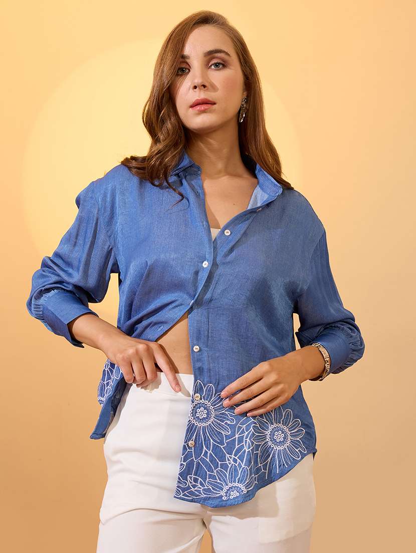 globus women navy blue floral embroidered collared neck cuffed sleeves resort shirt