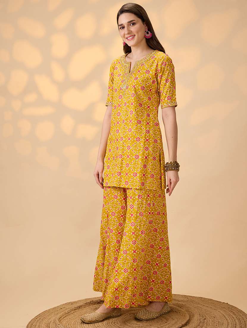 globus women mustard embroidered & mirror work yoke ethnic print kurti with palazzos festive co-ord set - 21998000 -  Standard Image - 2