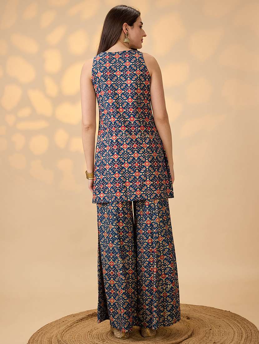 globus women navy blue embroidered & mirror work yoke ethnic print kurti with palazzos festive co-ord set - 21998001 -  Standard Image - 2