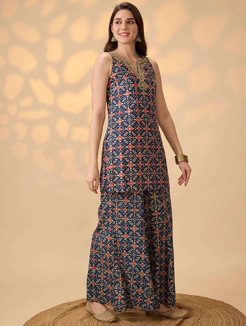 globus women navy blue embroidered & mirror work yoke ethnic print kurti with palazzos festive co-ord set - 21998001 -  Standard Image - 2