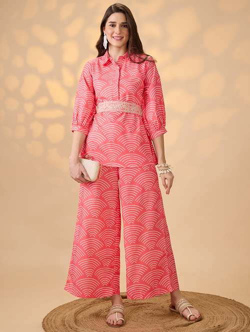 globus women coral shirt collar puff sleeves abstract print tunic with palazzos & embroidered belt fusion co-ord set - 21998002 -  Standard Image - 0