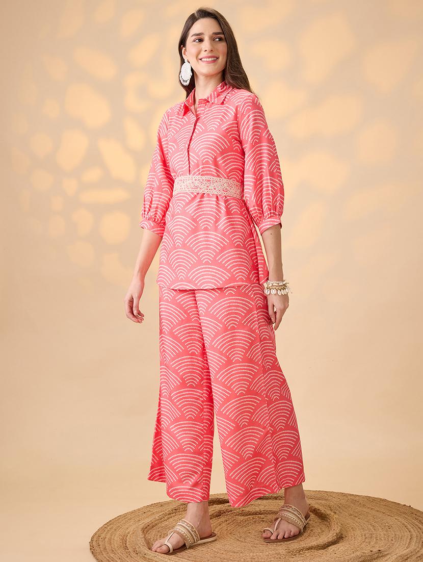 globus women coral shirt collar puff sleeves abstract print tunic with palazzos & embroidered belt fusion co-ord set - 21998002 - Standard Image - 2